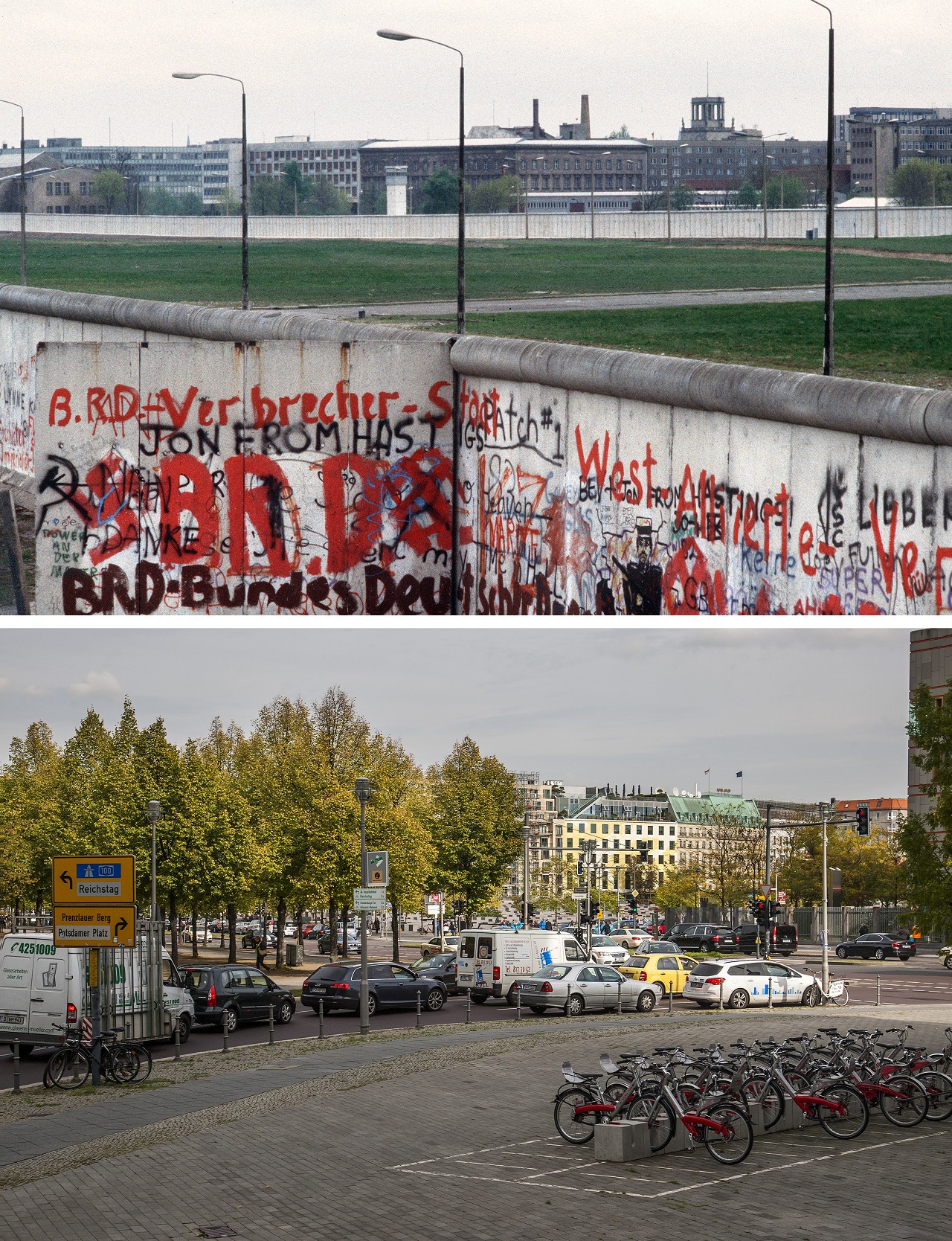 A Potsdamer tér közelében látható a senkiföldje terület a falnál, 1984-ben, illetve szintén a tér 2014 szeptemberében (AFP PHOTO / JOEL ROBINE / ODD ANDERSEN)