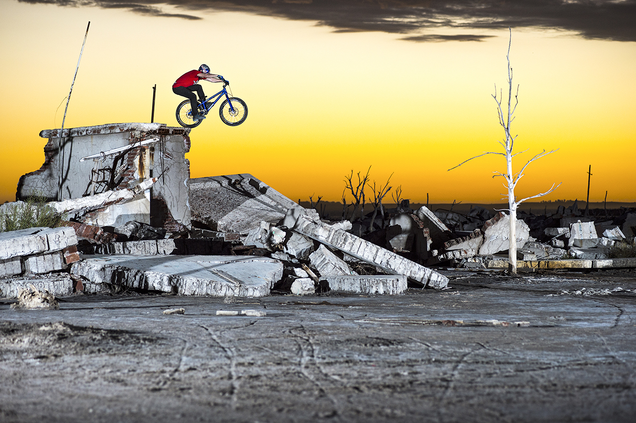 Danny MacAskill performs at the abandoned village of Epecuén, Argentina on March 6th 2014 // Fred Murray / Red Bull Content Pool // P-20140526-00774 // Usage for editorial use only // Please go to www.redbullcontentpool.com for further information. //