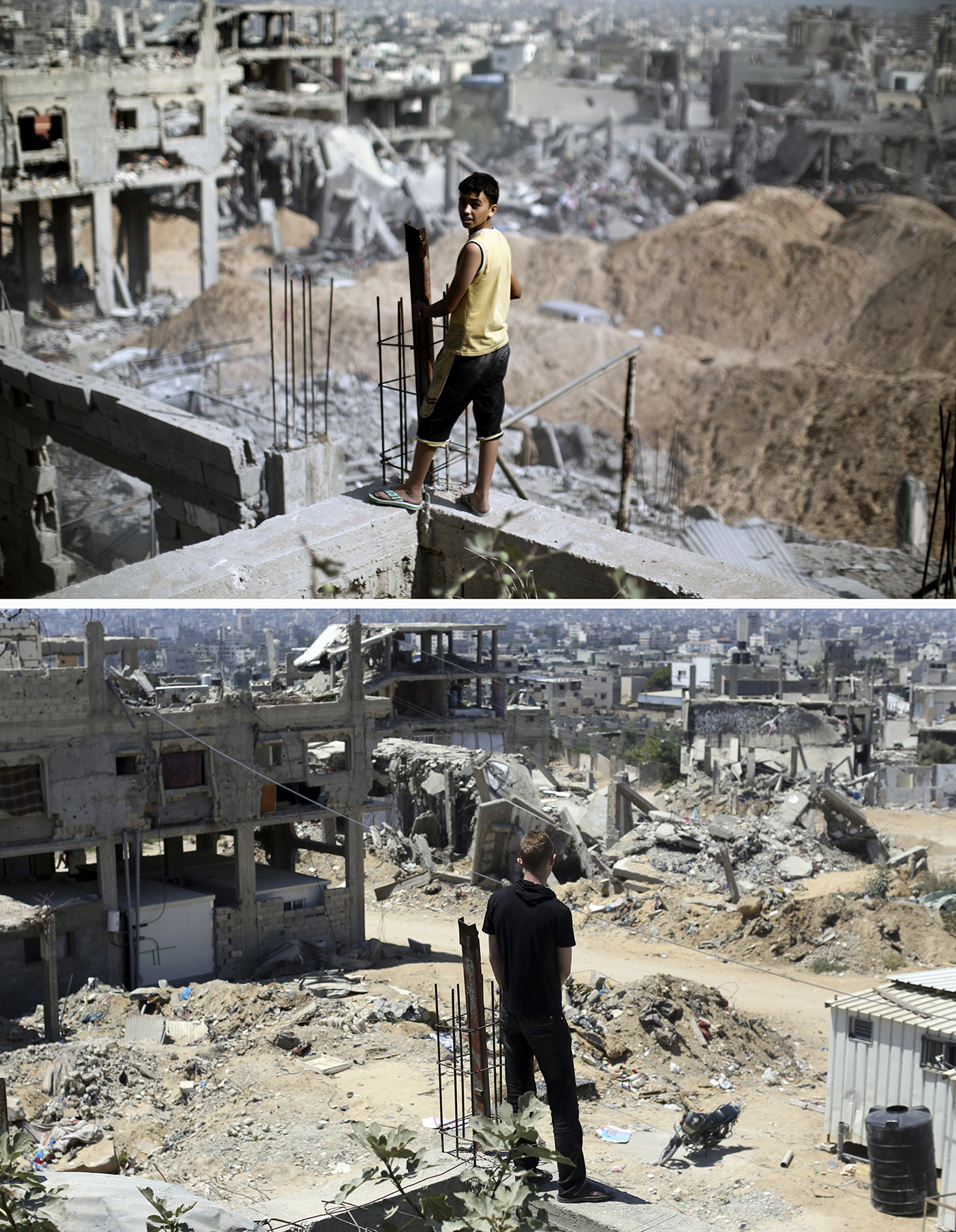 Gaza City's al-Tufah neighbourhood on August 6, 2014, and the same place (bottom) on July 3, 2015, a year after the 50-day war between Israel and Hamas' militants. AFP PHOTO / MAHMUD HAMS