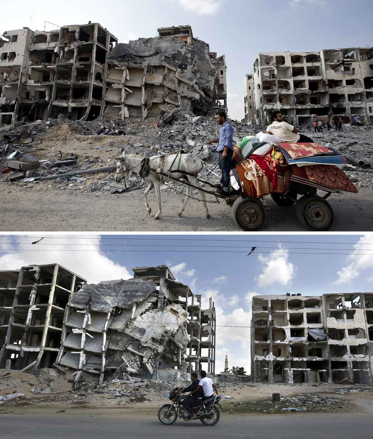 A combination of pictures made on July 3, 2015, shows (top) Palestinian men riding a donkey cart past destroyed buildings in the northern Gaza Strip on August 5, 2014, and the same place (bottom) on July 3, 2015, a year after the 50-day war between Israel and Hamas' militants. AFP PHOTO / MAHMUD HAMS