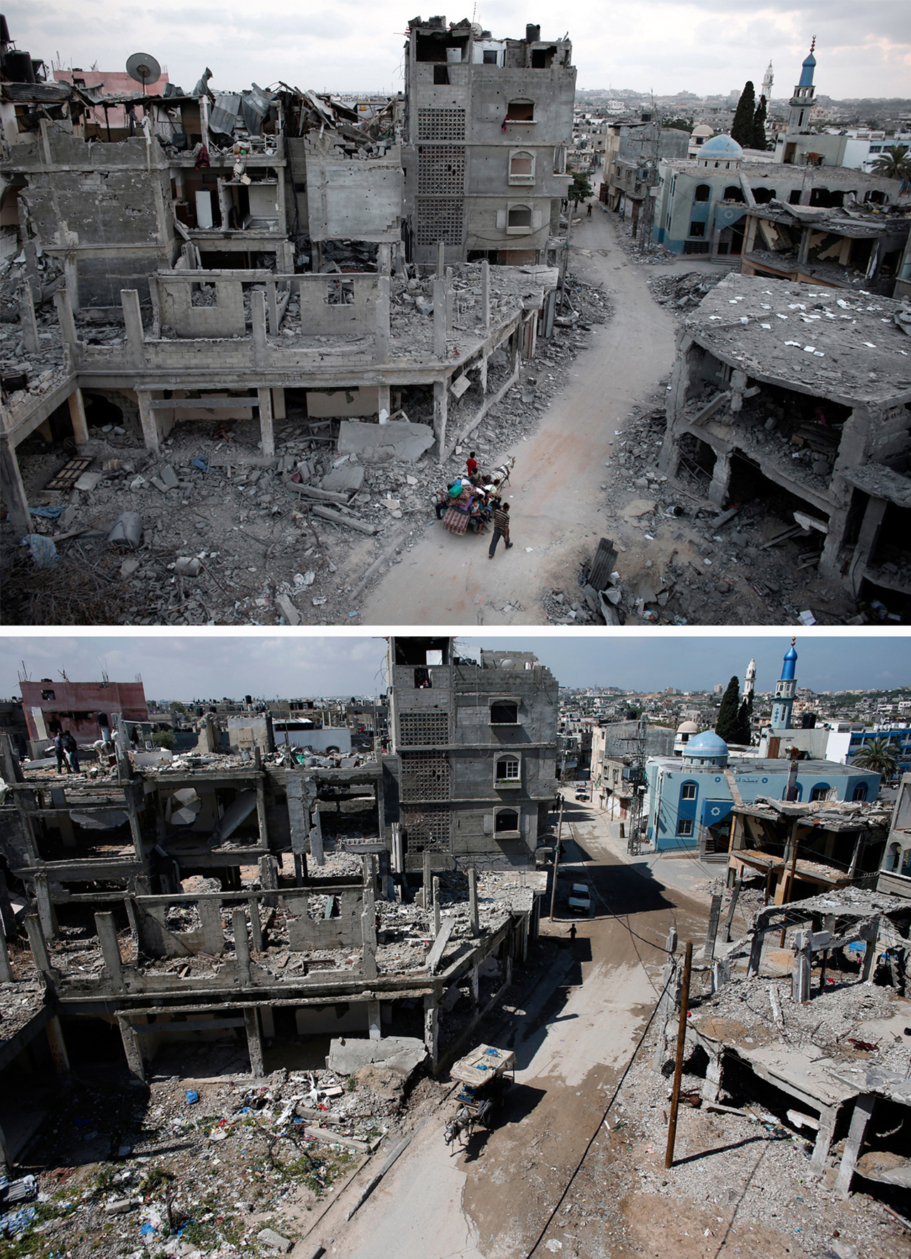 A combination of pictures made on July 3, 2015, shows (top) Palestinians fleeing their destroyed neighbourhood on a donkey cart in the northern Gaza Strip city of Beit Hanun on August 18, 2014, and the same place (bottom) on April 14, 2015, a few months after the 50-day war between Israel and Hamas' militants in the summer of 2014. AFP PHOTO / THOMAS COEX