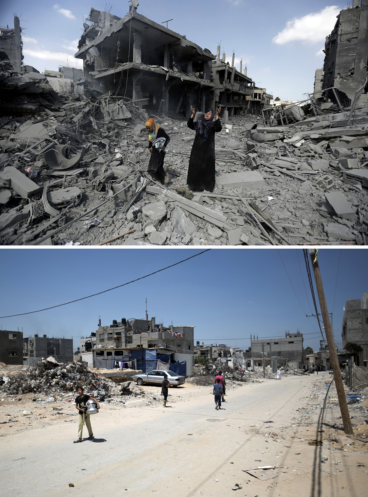 A combination of pictures made on July 3, 2015, shows (top) a Palestinian woman pausing amid destroyed buildings in the northern district of Beit Hanun in the Gaza Strip during an humanitarian truce on July 26, 2014, and the same place (bottom) on July 3, 2015, a year after the 50-day war between Israel and Hamas' militants. AFP PHOTO / MOHAMMED ABED