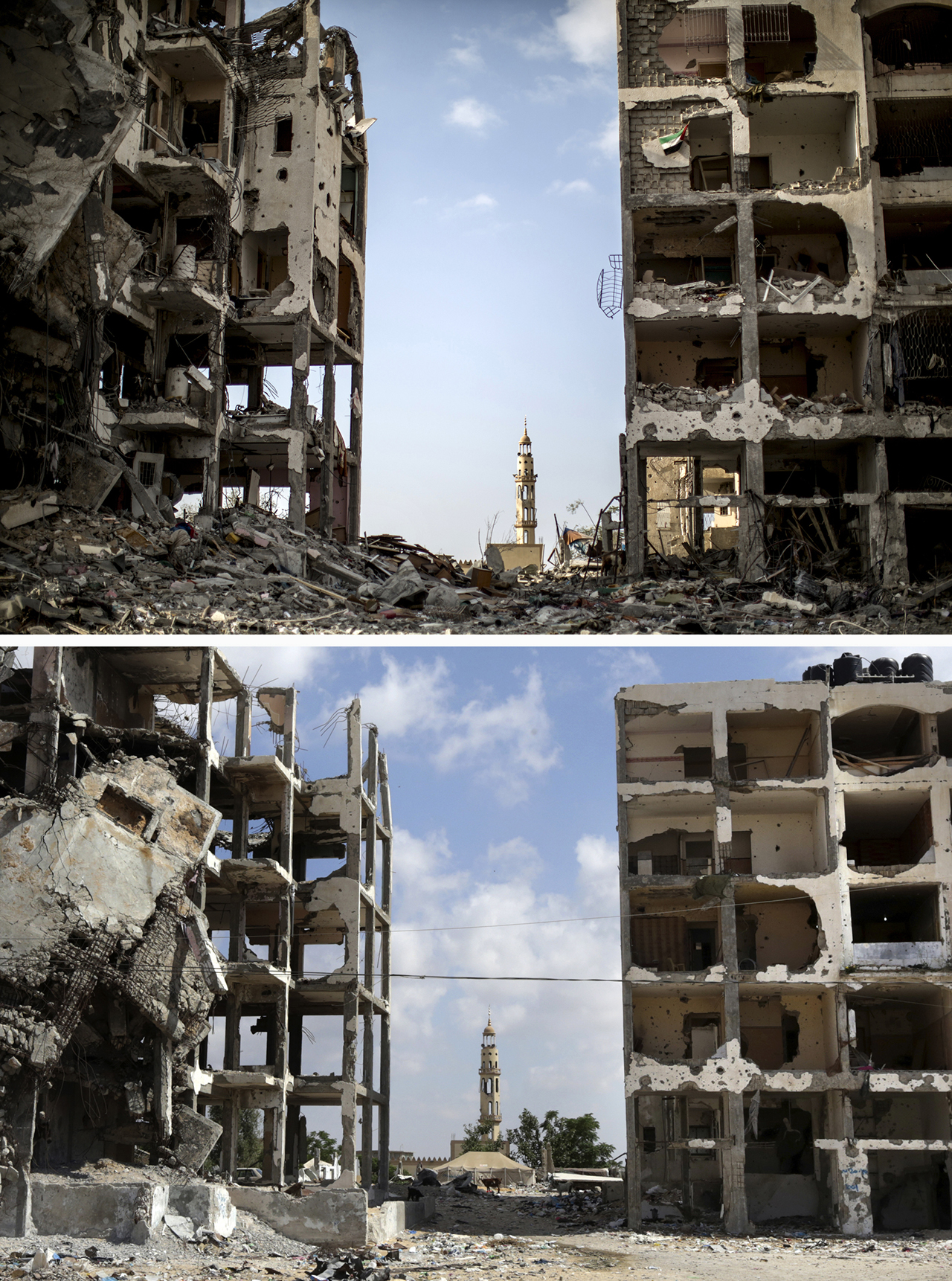 TOPSHOTS A combination of pictures made on July 3, 2015, shows (top) destroyed buildings in front of a mosque in the northern Gaza Strip town of Beit Hanun on August 3, 2014, and the same place (bottom) on July 3, 2015, a year after the 50-day war between Israel and Hamas' militants. AFP PHOTO / MARCO LONGARI / MAHMUD HAMS