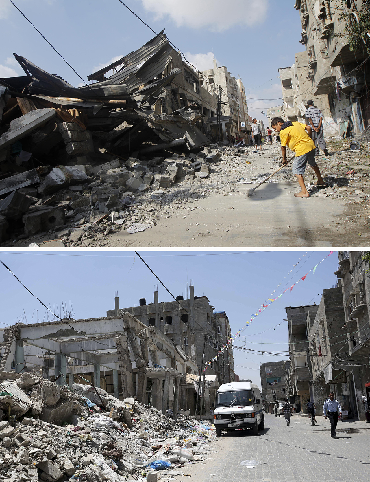 A combination of pictures made on July 8, 2015, shows (top) a Palestinian boy sweeping the ground outside destroyed buildings in the southern Gaza Strip town of Rafah on July 22, 2014, and the same place (bottom) on July 6, 2015, a year after the 50-day war between Israel and Hamas' militants. Israel and Palestinians mark one year since last summer's devastating war in the Gaza Strip, with a ceasefire still largely holding but few of the issues that led to the conflict resolved. The war took a heavy toll on Gaza, killing 2,251 Palestinians, including more than 500 children. Seventy-three people were killed on the Israeli side, including 67 soldiers. AFP PHOTO / SAID KHATIB