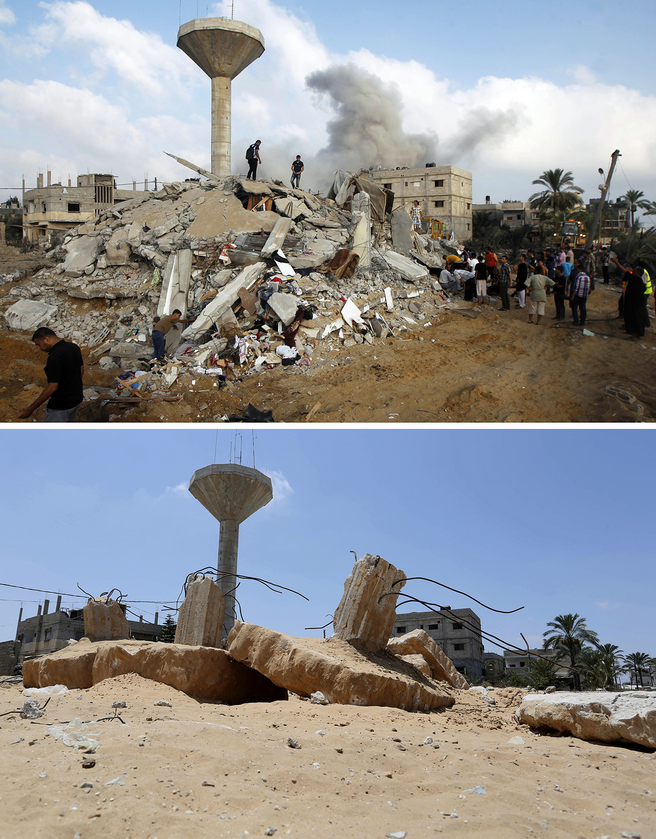 A combination of pictures made on July 8, 2015, shows (top) smoke rising while Palestinian rescuers search for victims under the rubble of the home of the Duheir family, in the southern Gaza Strip town of Rafah on July 29, 2014, and the same place (bottom) on July 6, 2015, a year after the 50-day war between Israel and Hamas' militants. Israel and Palestinians mark one year since last summer's devastating war in the Gaza Strip, with a ceasefire still largely holding but few of the issues that led to the conflict resolved. The war took a heavy toll on Gaza, killing 2,251 Palestinians, including more than 500 children. Seventy-three people were killed on the Israeli side, including 67 soldiers. AFP PHOTO / SAID KHATIB  AFP PHOTO / SAID KHATIB