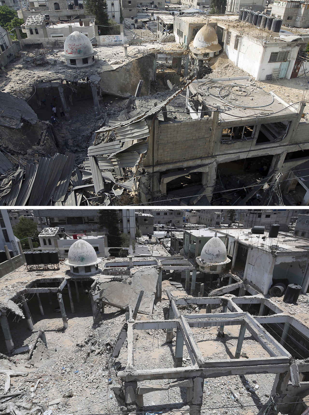 A combination of pictures made on July 8, 2015 shows (top), a destroyed mosque in the southern Gaza Strip town of Rafah on July 22, 2014, and the same place (bottom), on July 6, 2015, a year after the 50-day war between Israel and Hamas' militants.  Israel and Palestinians mark one year since last summer's devastating war in the Gaza Strip, with a ceasefire still largely holding but few of the issues that led to the conflict resolved. The war took a heavy toll on Gaza, killing 2,251 Palestinians, including more than 500 children. Seventy-three people were killed on the Israeli side, including 67 soldiers. AFP PHOTO / SAID KHATIB