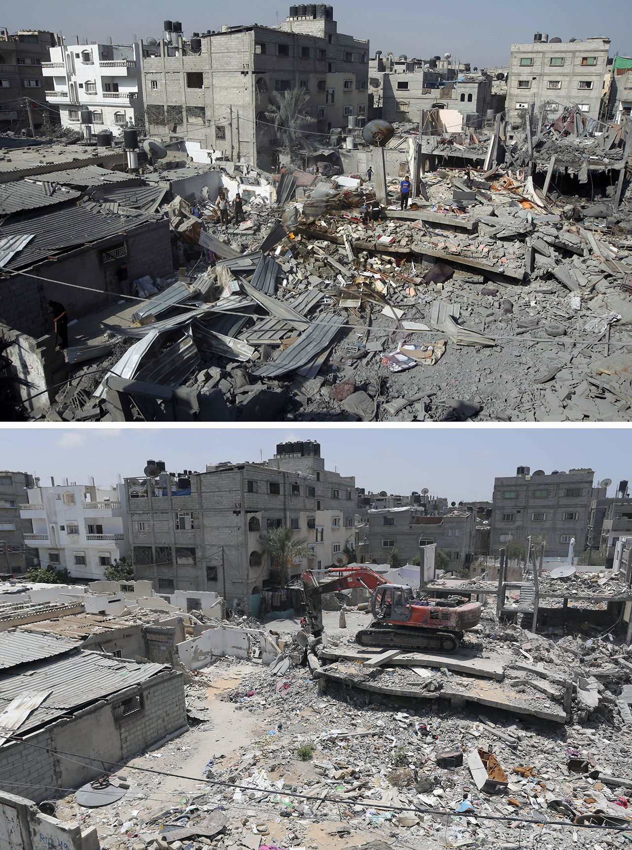 A combination of pictures made on July 8, 2015 shows (top), Palestinians inspecting the rubble of a building which was hit in an Israeli strike, in the southern Gaza Strip town of Rafah on August 2, 2014, and the same place (bottom) on July 6, 2015, a year after the 50-day war between Israel and Hamas' militants.  Israel and Palestinians mark one year since last summer's devastating war in the Gaza Strip, with a ceasefire still largely holding but few of the issues that led to the conflict resolved. The war took a heavy toll on Gaza, killing 2,251 Palestinians, including more than 500 children. Seventy-three people were killed on the Israeli side, including 67 soldiers. AFP PHOTO / SAID KHATIB