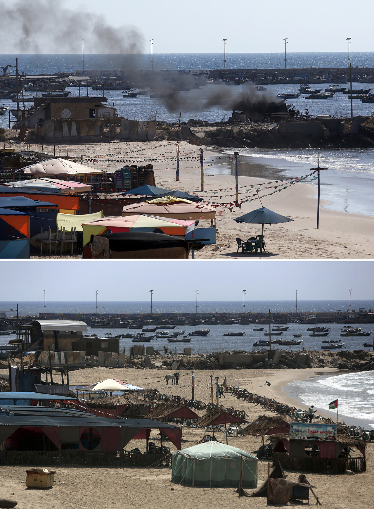 A combination of pictures made on July 3, 2015, shows (top) smoke billowing from a beach shack in Gaza City following an Israeli military strike which killed four children on July 16, 2014, and the same place (bottom) on July 3, 2015, a year after the 50-day war between Israel and Hamas' militants. AFP PHOTO / THOMAS COEX / MOHAMMED ABED