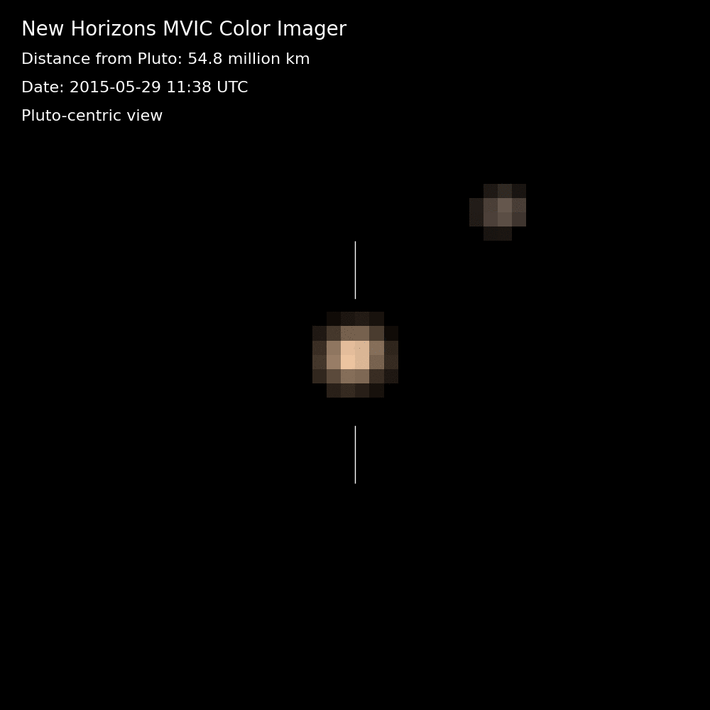 Az első színes felvételek a Plútóról és a Charon-ról, amelyeket a New Horizons MVIC kamerája készített. Forrás: NASA/APL/SwRi