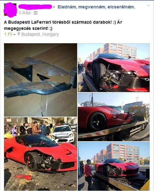 Egy élelmes megtaláló a Facebookon árulja a Váci úton összetört LaFerrari darabjait