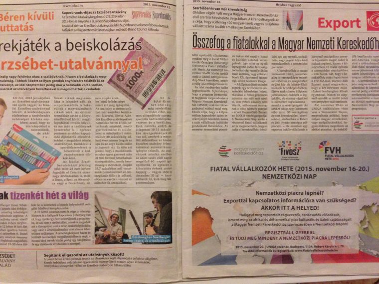 Szokákos nyitó oldalpár a Modern Media Group-féle, Habony Árpád által tulajdonolt Lokálban: balra oldalas Erzsébet utalvány-reklám, jobbra Nemzeti Kereskedőház-kampány.