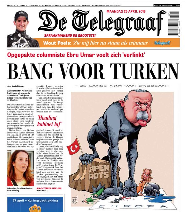 Az európai szólásszabadságon taposó majom lett a török elnökből a legnagyobb holland napilap címlapján