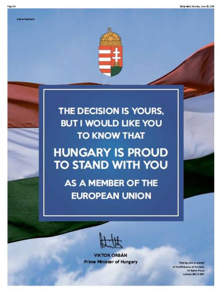 „A döntés az önöké, de szeretném, ha tudnák, hogy Magyarország büszke arra, hogy önök mellett állhat az Európai Unió tagjaként” – írta Orbán a Daily Mailben