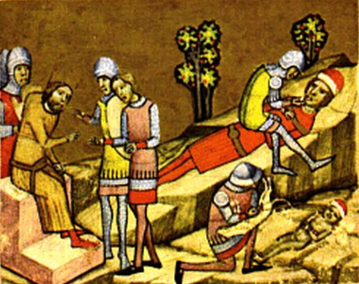 Az Árpád-házi Álmos herceg és fia, Béla megvakítása (részlet a Képes krónikából)