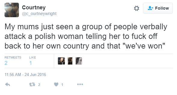 Anyukám most látott egy csoportot, akik szóban inzultáltak egy lengyel nőt. Azt mondták neki, hogy takarodjon vissza a picsába a saját országába és hogy "mi nyertünk"