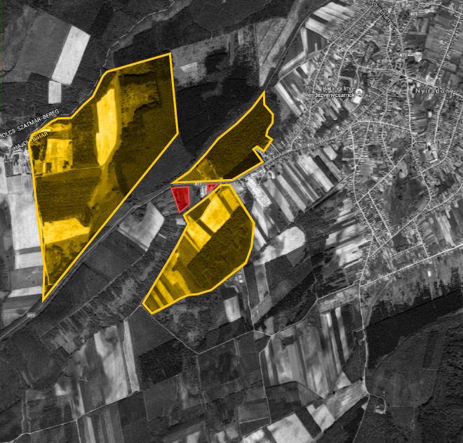 A térképen sárgával jelölt területek az ipari park "beavatkozási pontjai", köztük pedig - pirossal - Tasó telkei bújnak meg