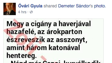 Óvári Gyula ex-alpolgármester szereti a minőségi cigányvicceket, posztolja is a Facebookon