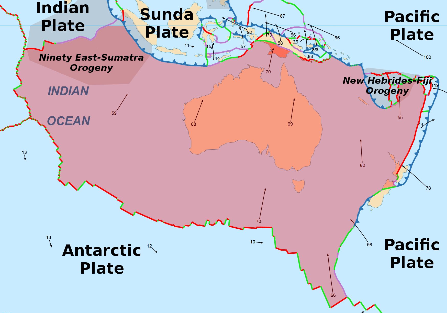 Az ausztrál tektonikus lemez mozgása. Évről évre északrabra mozdul a kontinens. Grafika: Alataristarion / Wikimedia Commons CC BY-SA 4.0