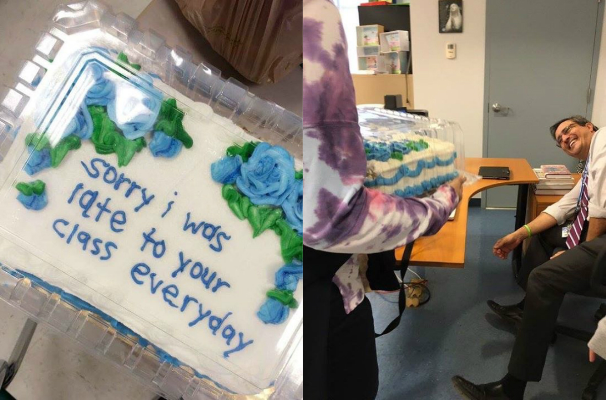 A világ legrafináltabb diákja tortával kért bocsánatot tanárától, amiért mindig késik