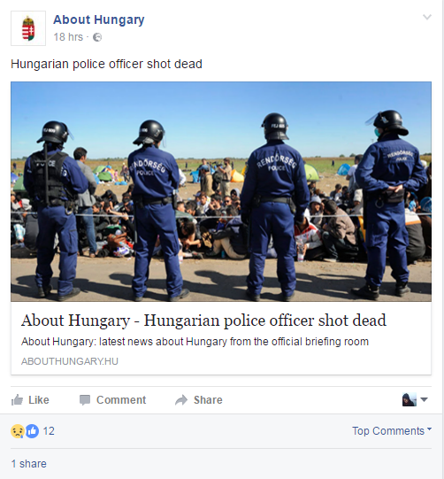 Migránsok fotójával illusztrálta a kormány angol nyelvű oldala, hogy egy hungarista szélsőséges fejbe lőtt egy rendőrt