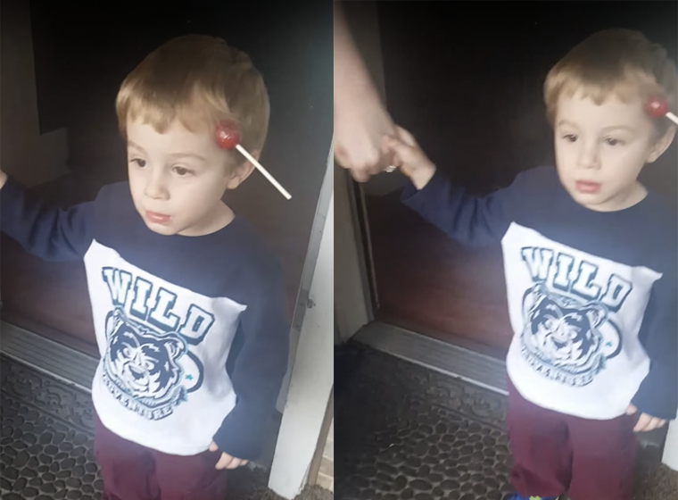 Hibátlanul reagál a kisfiú, aki rájött, hogy egy nyalóka ragadt a hajába