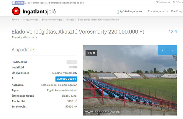 220 millióért sincs vevő az akasztói Stadler-stadionra