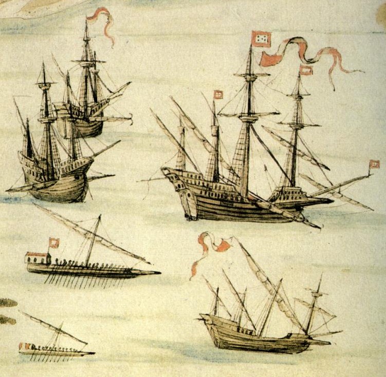 XVI. századi hajótípusok: jobbra fent a karakk, mellette az abból kifejlesztett galeon, alattuk a gálya, mellette a karavella
