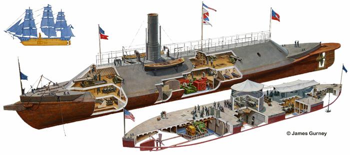 A két hajó rajza: jól láthatóak a méretbeli és strukturális különbségek is, valamint az eredeti Merrimack rajza is