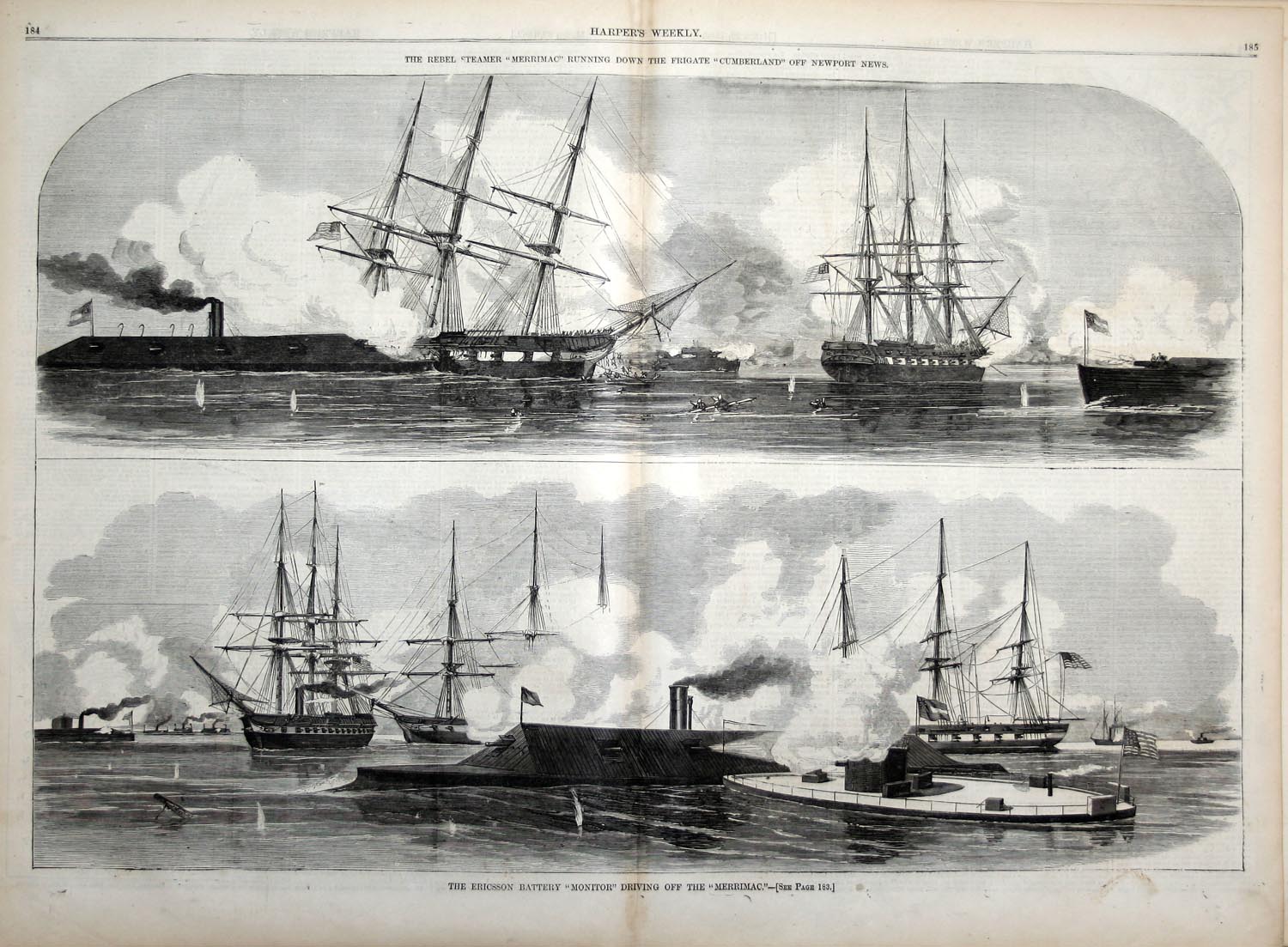 A Harper's Weekly rajza, felül a Cumberland megcsáklyázása, lent a két páncélos harca
