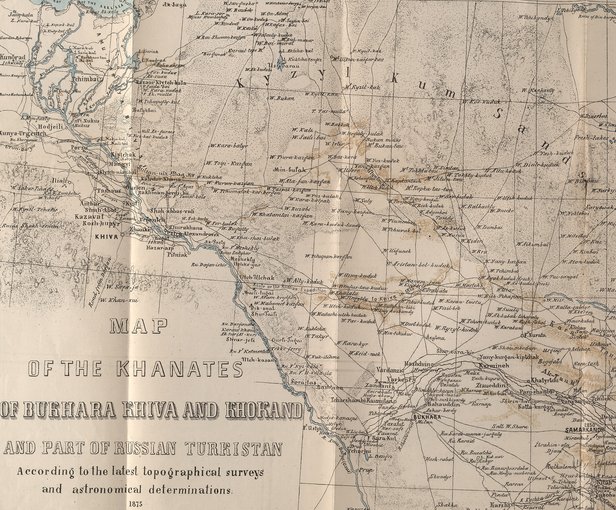 A kánságok 1875-ös térképe. Khíva baloldalon, középen, délkeletre ettől Buhara.