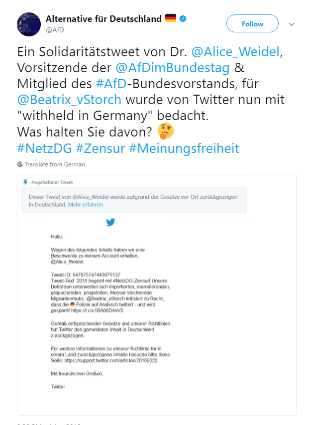 Az AfD a hivatalos oldalán terjesztette Von Storch (és az őt reblogoló kollégája, Alice Wiedel) posztjának törléséről szóló üzenetet.