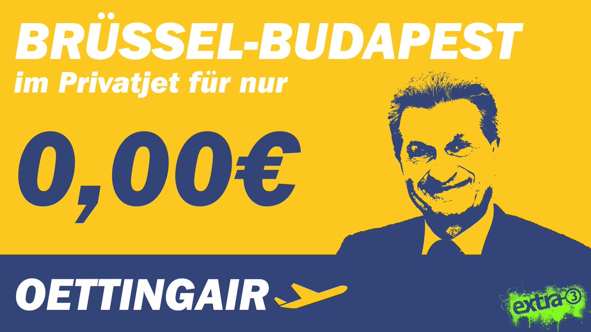 Karikatúra Gunther Oettinger budapesti útjáról, amit Klaus Mangold magángépén tett meg.
