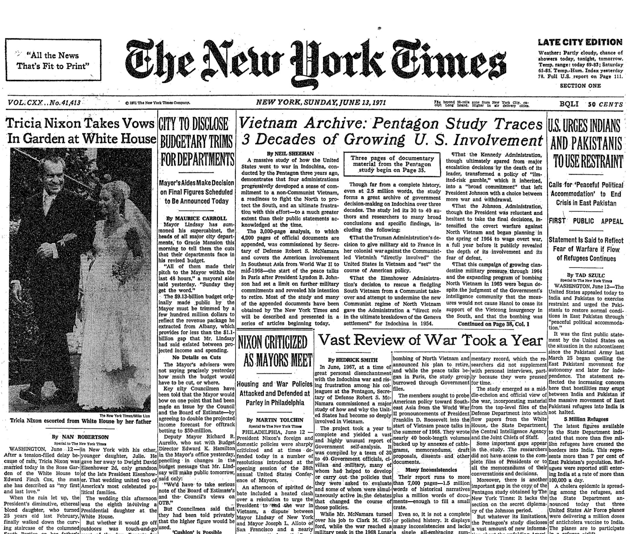 A New York Times 1971. június 13-ai címlapja történelmet írt