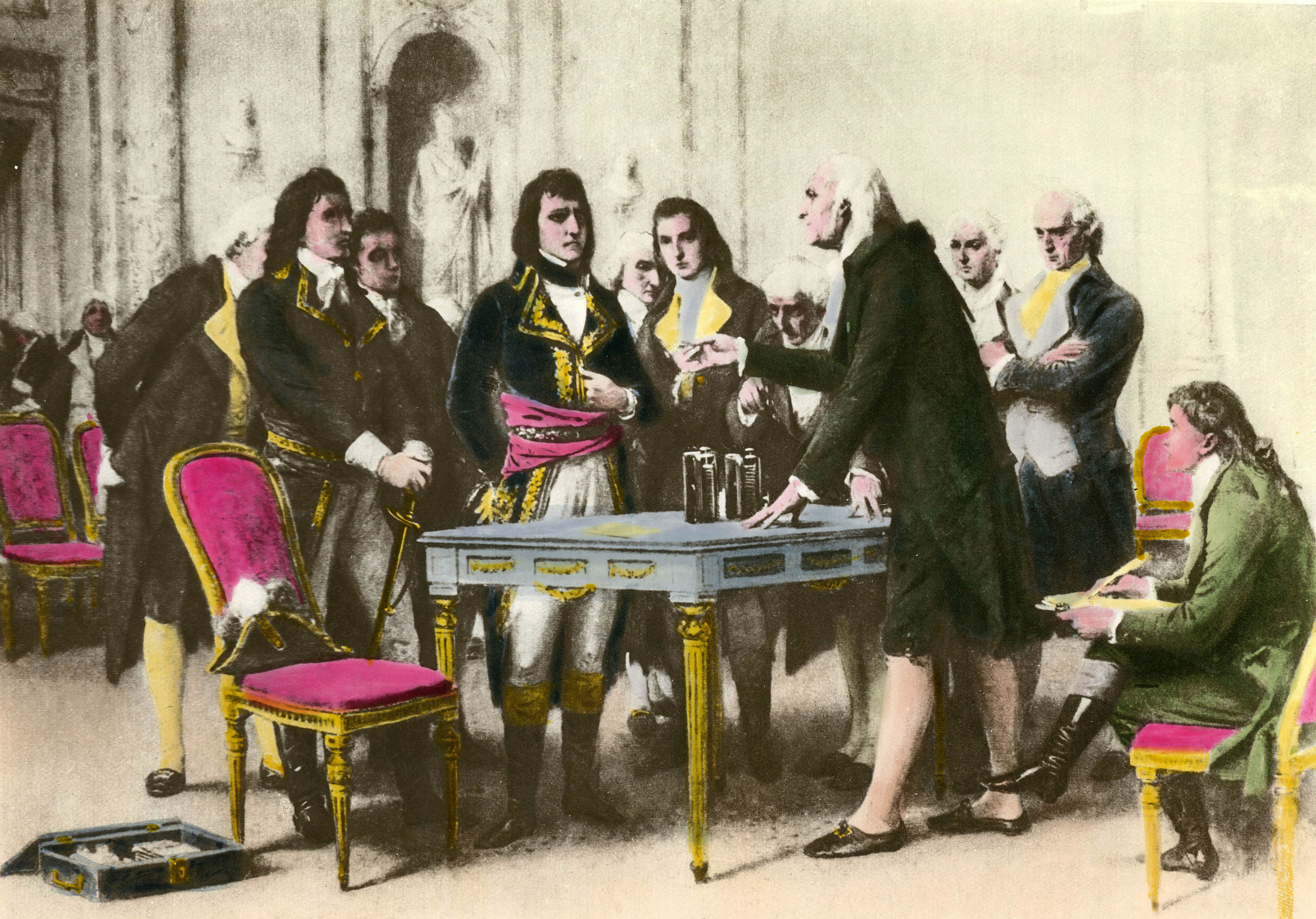 Alessandro Volta bemutatja az akkumulátor ősét Bonaparte Napóleon előtt 1801-ben