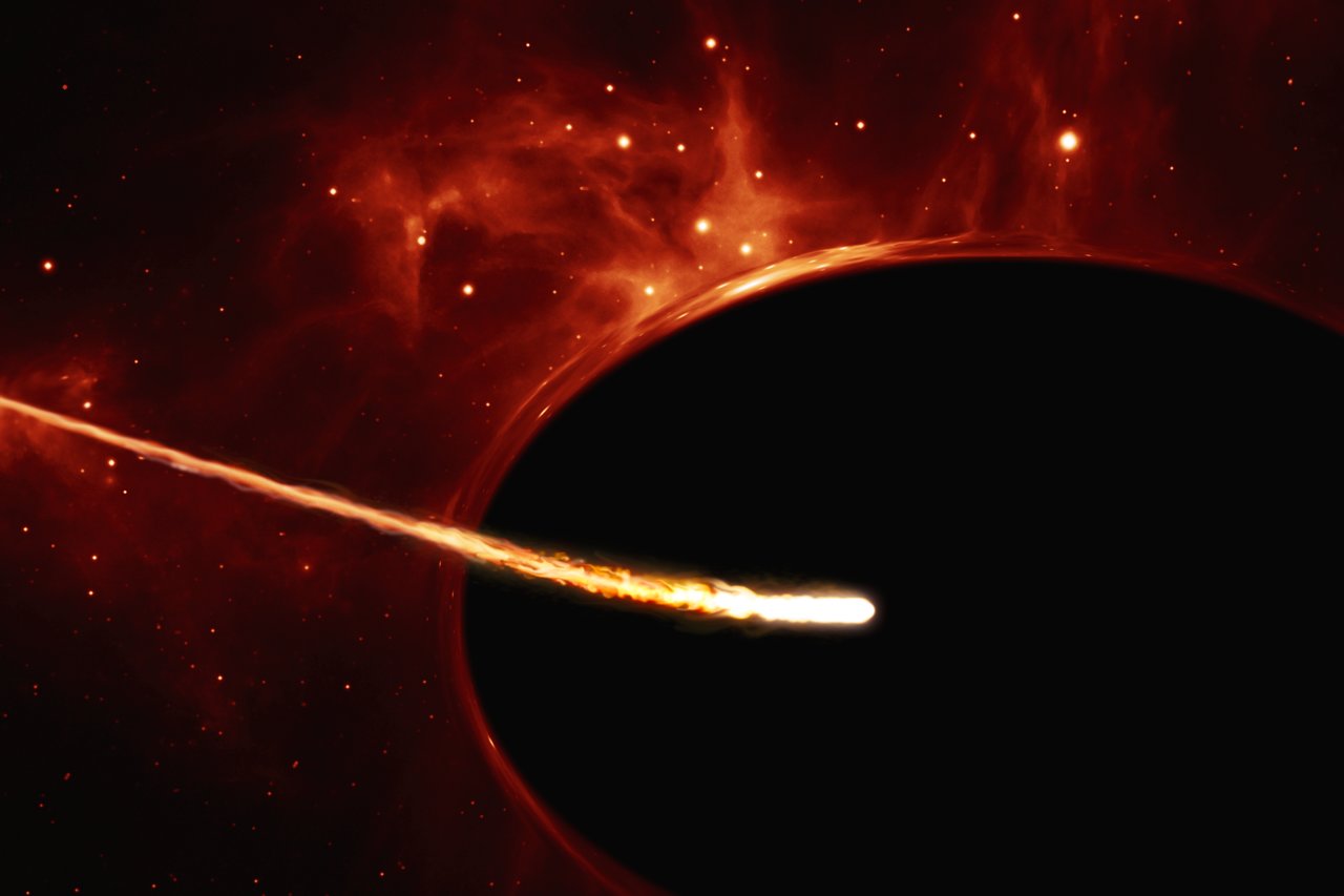 Fantáziarajz egy szupermasszív fekete lyukba hulló Napméretű csillag spagettifikációjáról