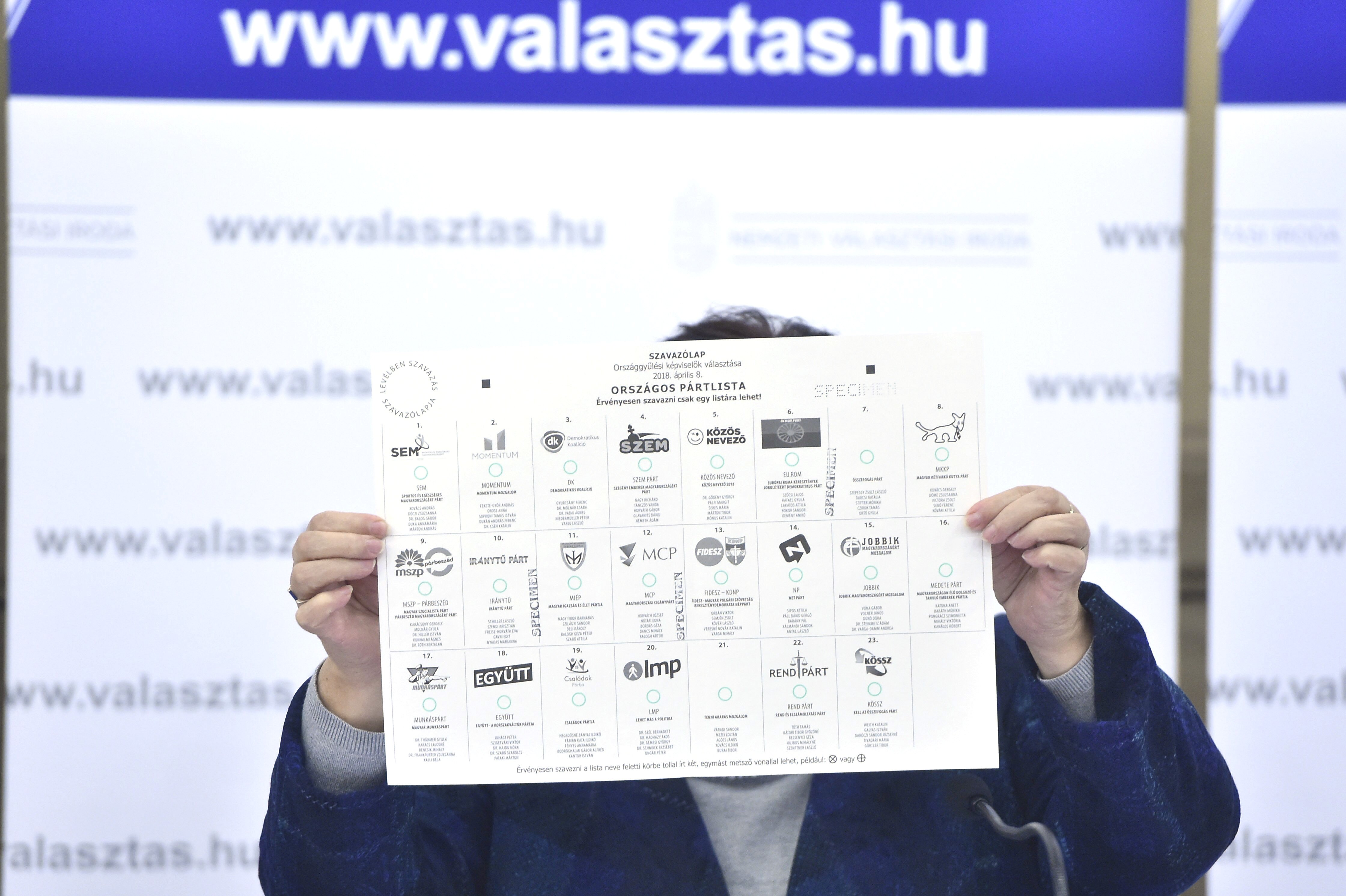 Az országos pártlistás szavazólap levélben történõ szavazásra készült mintáját mutatja Pálffy Ilona, a Nemzeti Választási Iroda (NVI) vezetõje (Budapest, 2018. március 19)