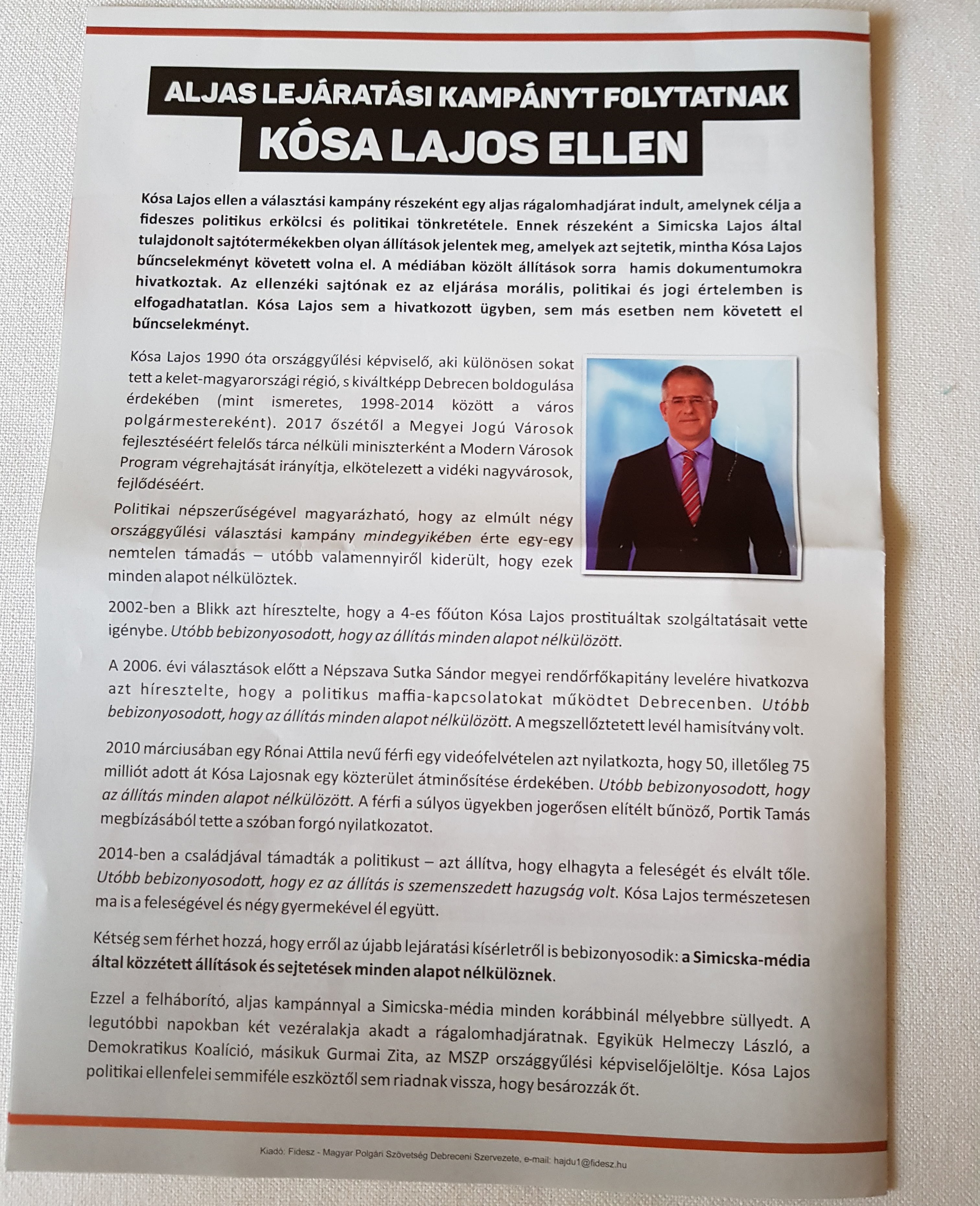 Fidesz: „Aljas lejáratási kampányt folytatnak Kósa Lajos ellen”