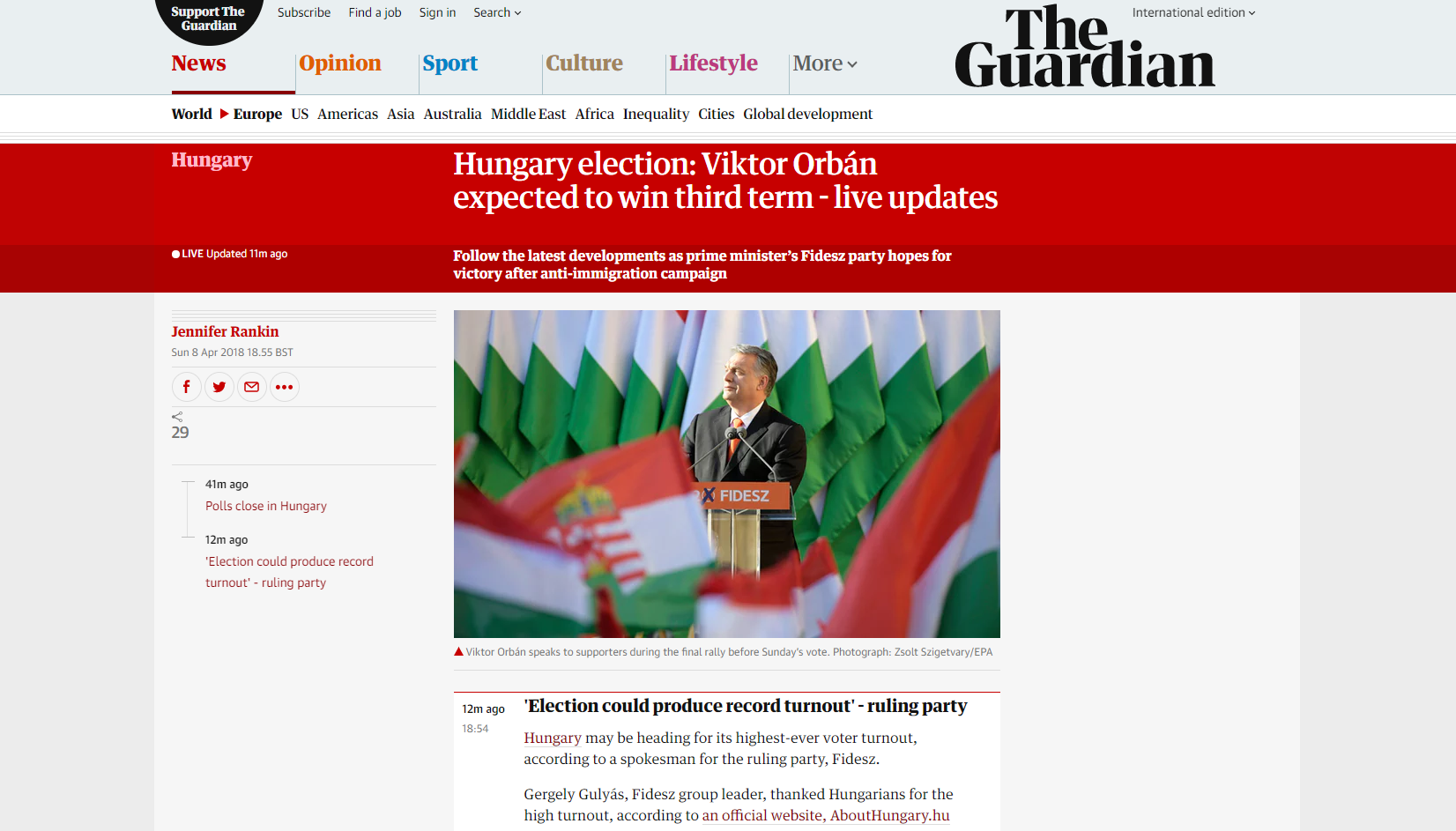 A Guardian címlapon, percről percre tudósít a magyar választásról