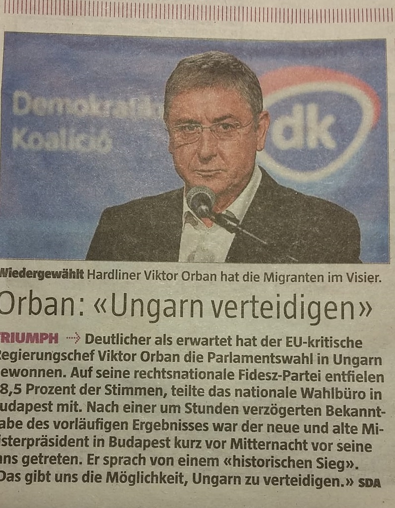 Gyurcsány képével ábrázolta Orbán győzelmét az egyik svájci lap