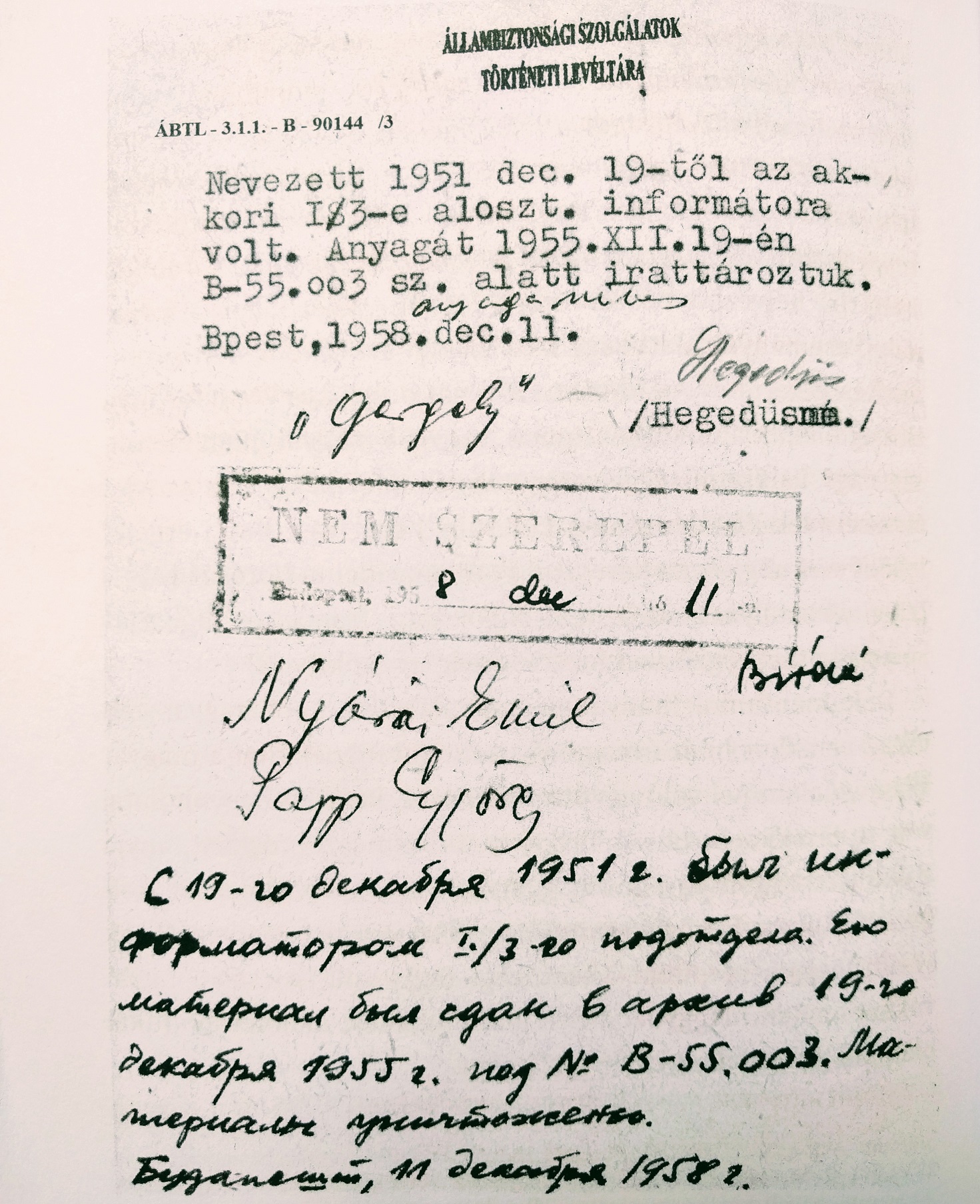 A dokumentum, amiből kiderült, hogy Jorgosz Vasziliu 1951 és 1955 között az ÁVH kémelhárításának ügynöke volt.
