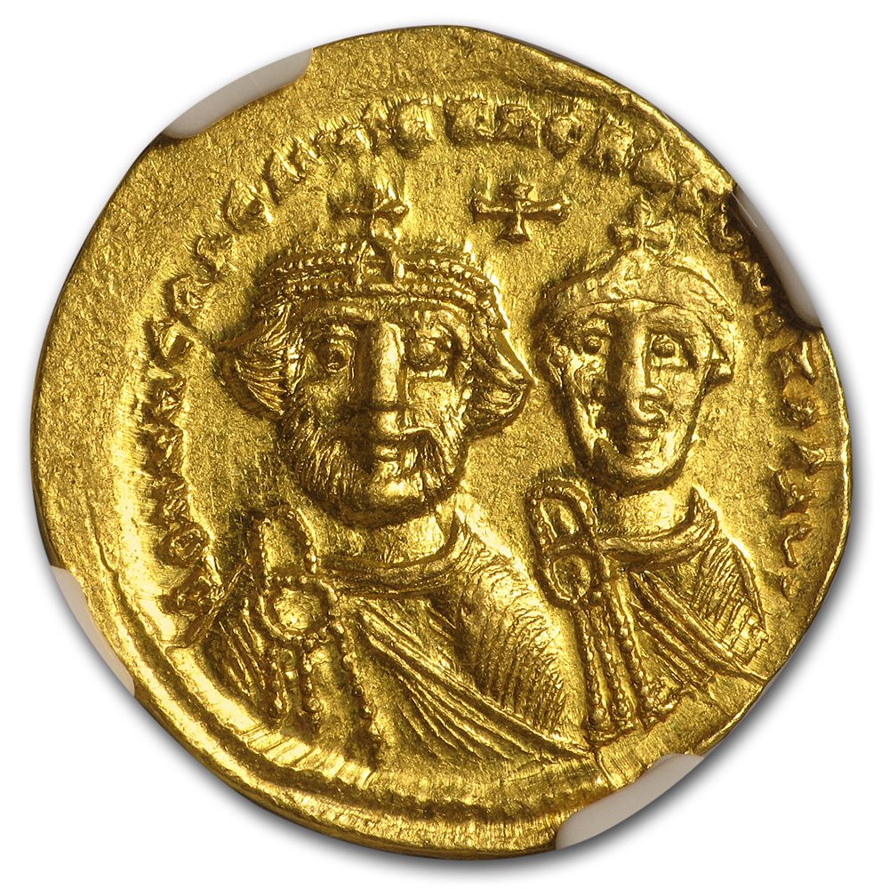 Bizánci aranypénz, rajta Hérakleiosz az apjával