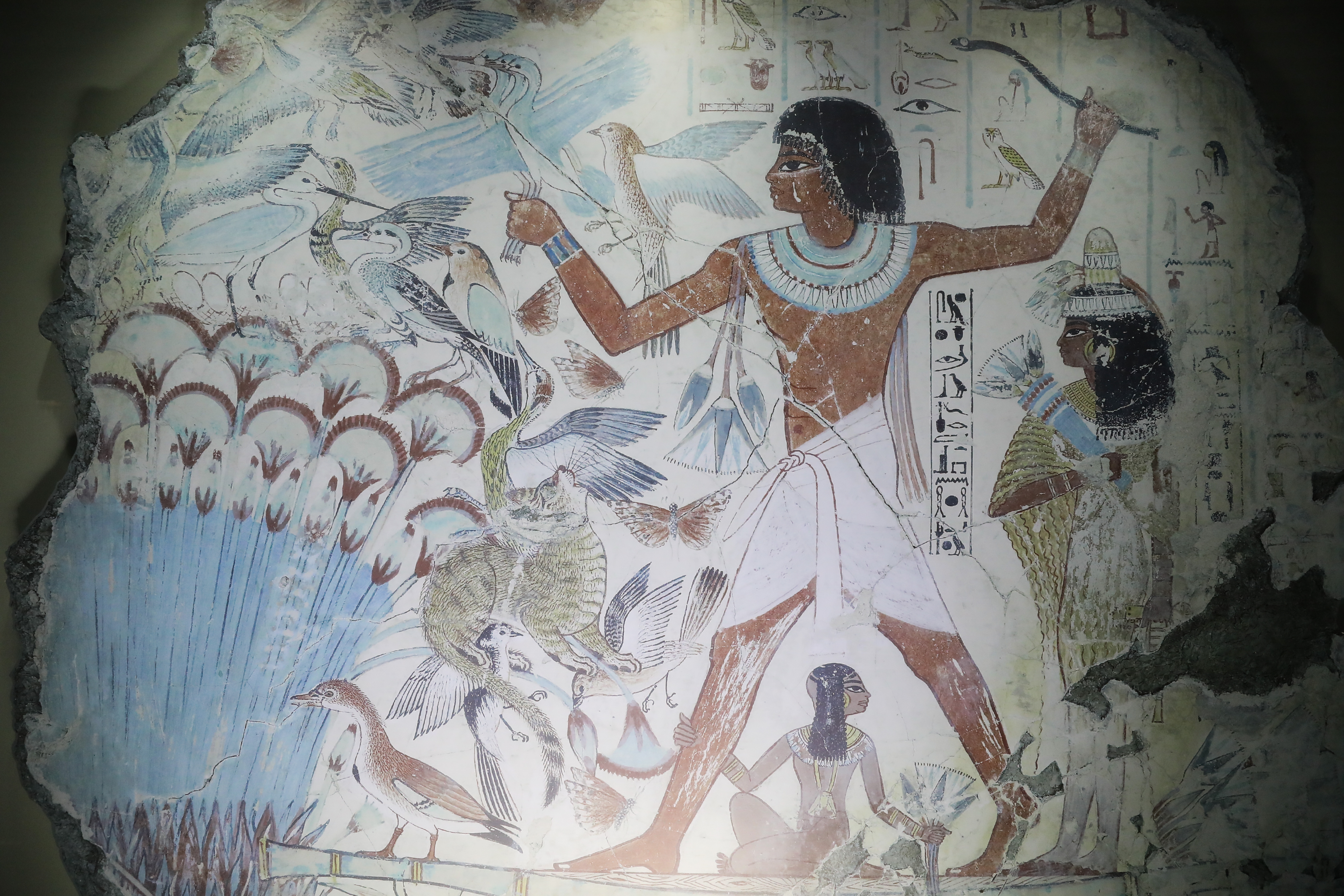Nebamun, az egyiptomi írnok és gabonakönyvelő (i.e. kb. 1350) madárra vadászik a Nílus környéki mocsarakban. Nebamun gazdagon díszített sírját a 19. században fedezték fel.
