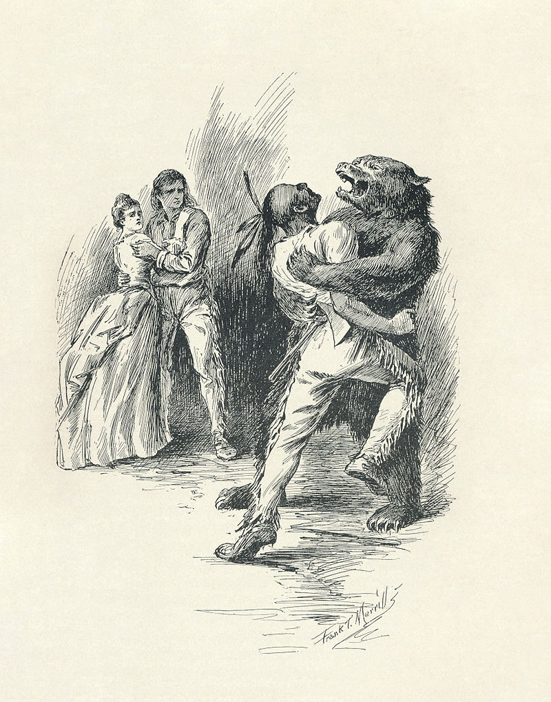 Sólyomszemre veti magát a grizzly. Illusztráció Az utolsó mohikán 1896-os kiadásából