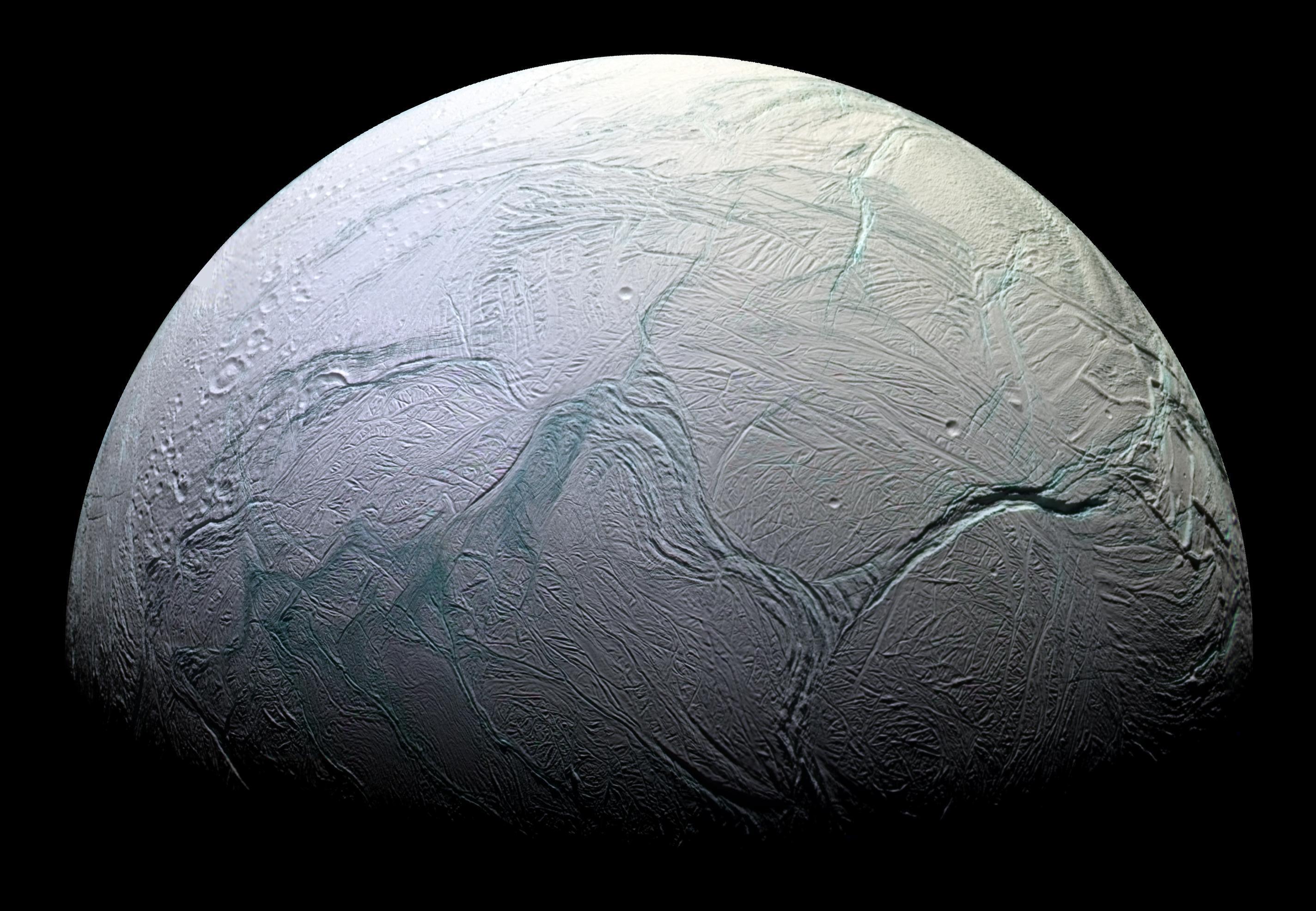 A Szaturnusz Enceladus holdja a Cassini-űrszonda felvételén. Forrás: NASA/JPL