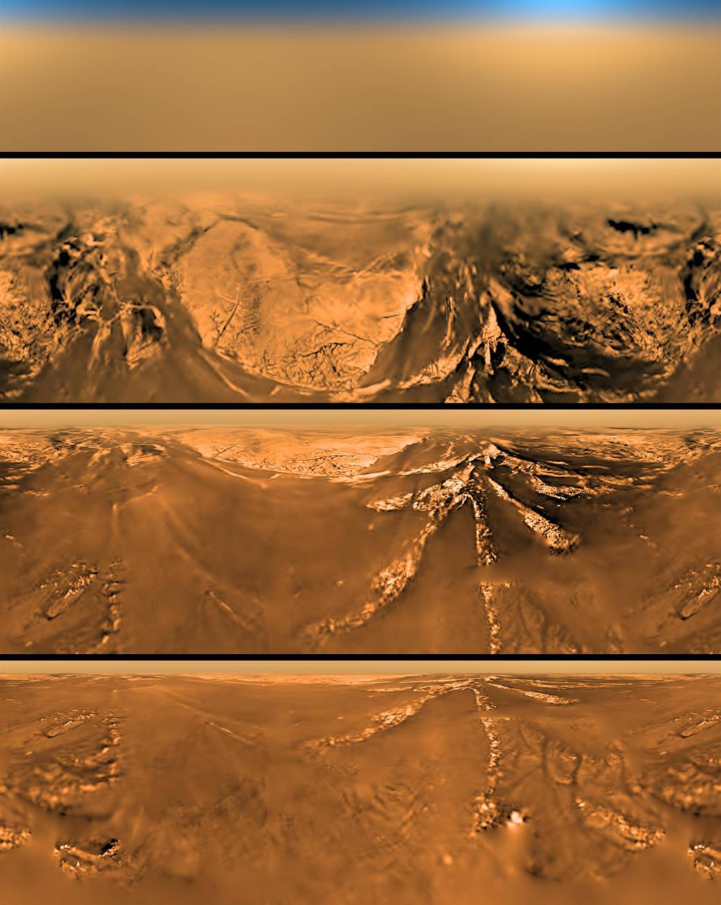 Az európai Huygens leszállóegység által készített felvételek a Titán felszínéről. A képek a szonda ereszkedése során készültek, különböző magasságban. Forrás: ESA/NASA/JPL