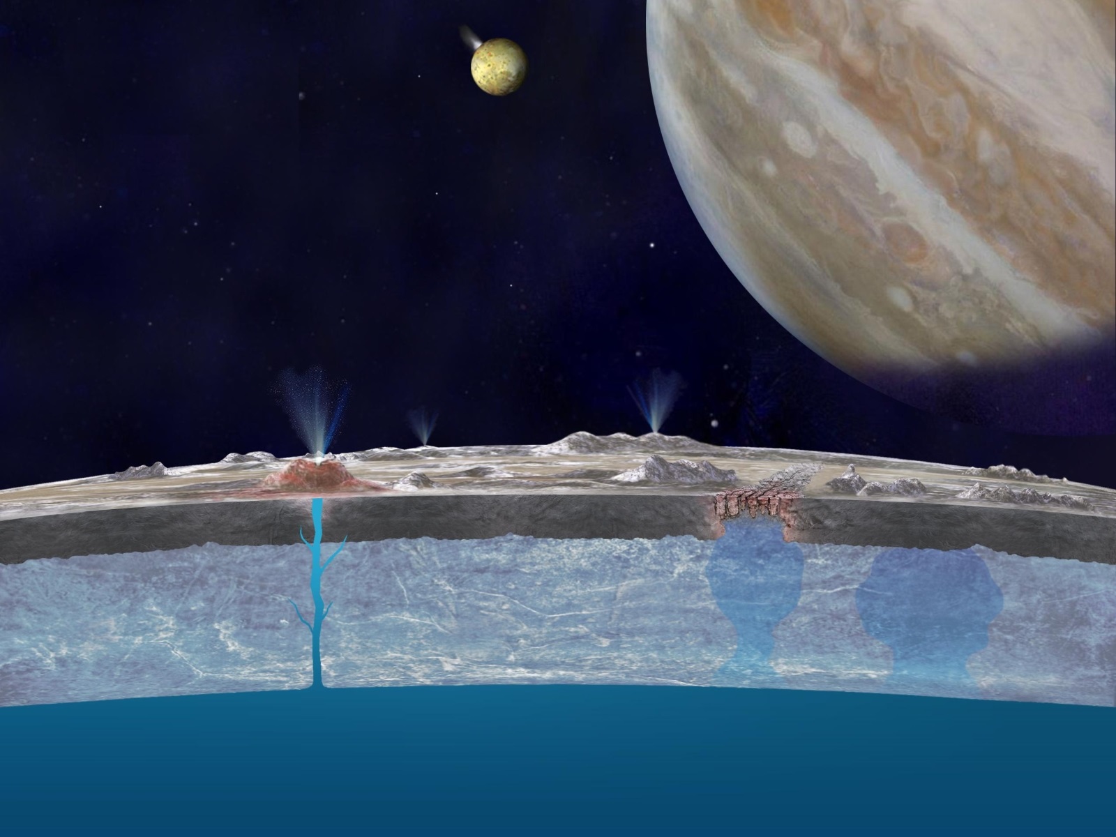 Illusztráció a Jupiter Európé holdjának jégkérge alatt található óceánról. Forrás: NASA/JPL
