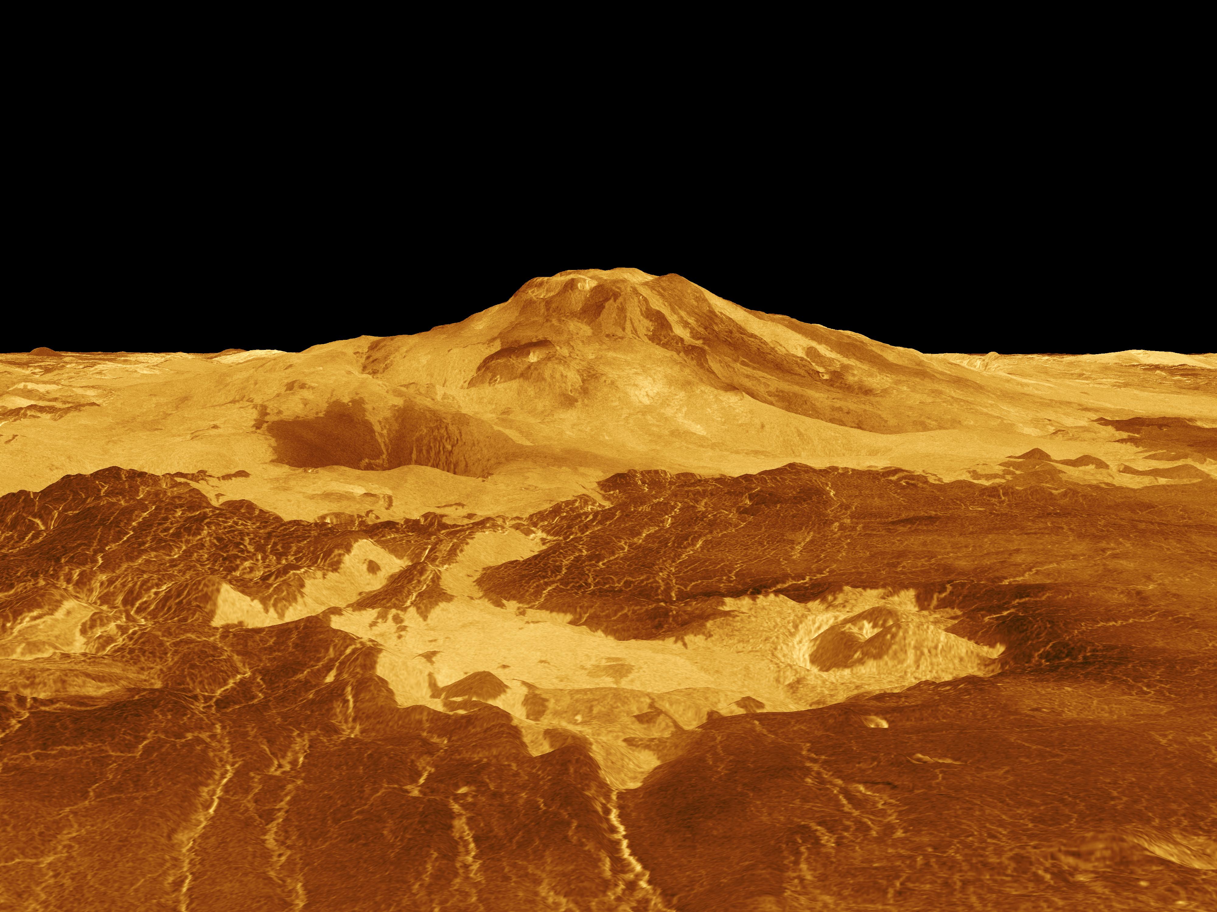 A Maat Mons vulkán a Vénusz felszínén, a Magellan űrszonda radaros méréseiből generált 3D képen. Forrás: NASA/JPL