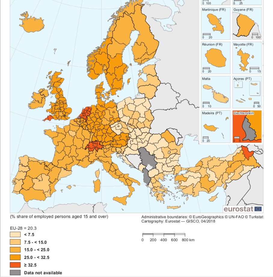 Részmunkaidős foglalkoztatás Európában, a 15 százaléknál idősebb foglalkoztatottak százalékában.