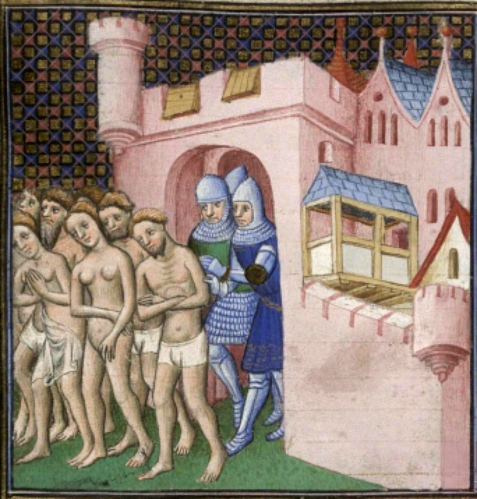 Kiűzik a katharokat Carcassonne városából 1209-ben, ábrázolás a Nagy Francia Krónikából