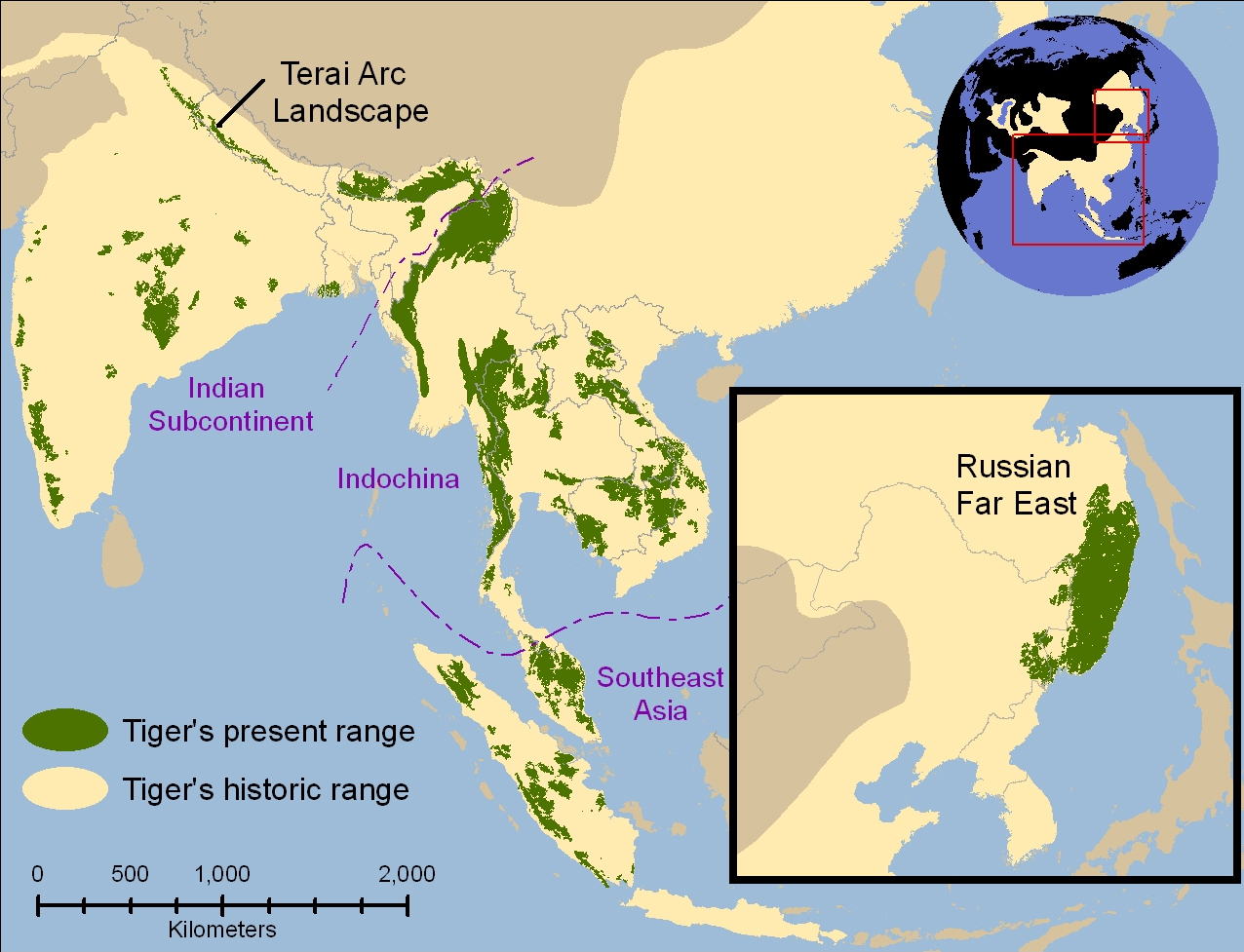 Tigrisek természetes élőhelyei 1850-ben és 2006-ban